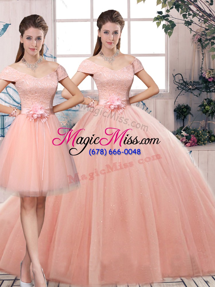 wholesale sophisticated pink three pieces off the shoulder short sleeves tulle floor length lace up lace and hand made flower quinceanera dress