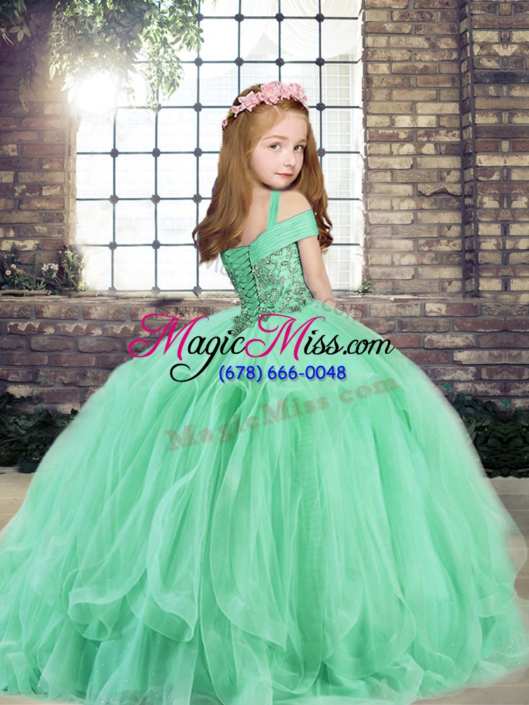 wholesale sleeveless floor length beading lace up little girls pageant dress with apple green