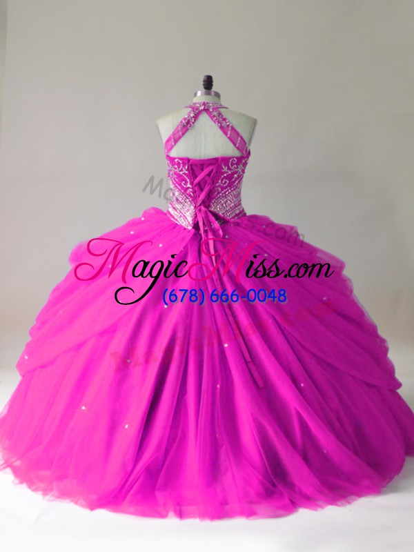 wholesale perfect halter top sleeveless 15th birthday dress beading fuchsia tulle