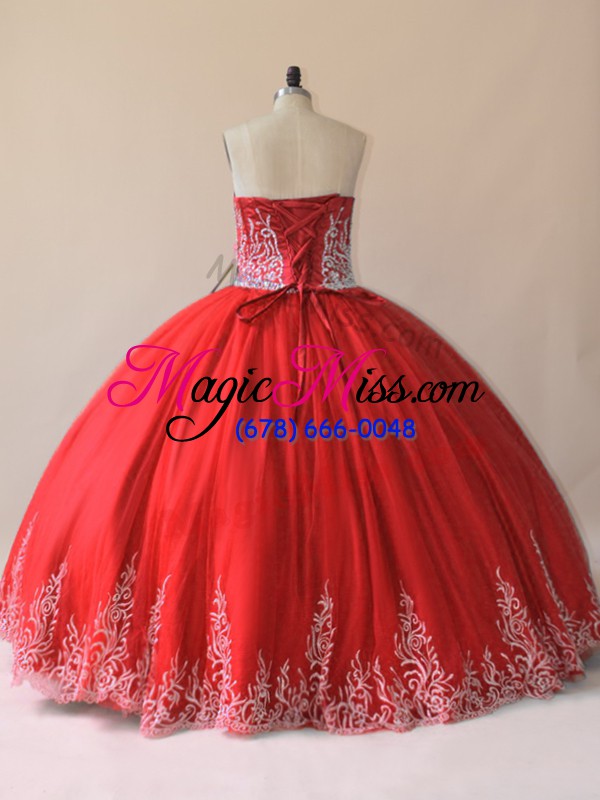 wholesale stylish red tulle lace up sweet 16 dress sleeveless floor length embroidery