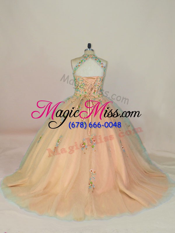 wholesale clearance peach lace up sweet 16 dress appliques and embroidery sleeveless brush train