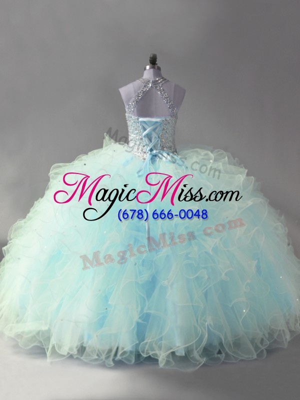 wholesale light blue halter top neckline beading and ruffles quinceanera dresses sleeveless lace up