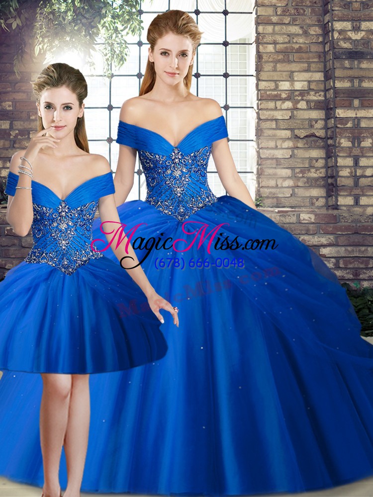 wholesale designer lace up sweet 16 dress royal blue for military ball and sweet 16 and quinceanera with beading and pick ups brush train