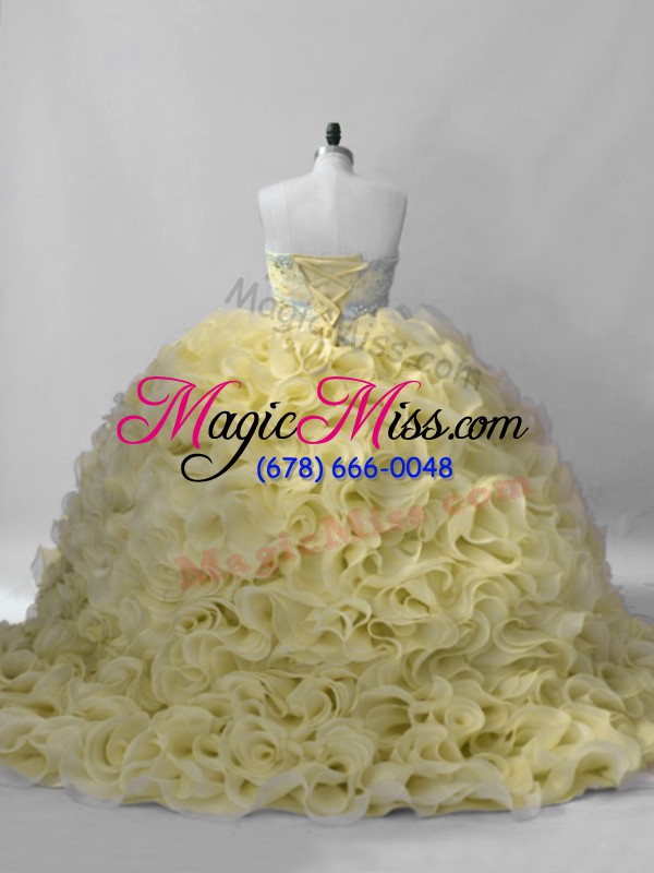 wholesale sleeveless fabric with rolling flowers lace up sweet 16 dresses in yellow with beading