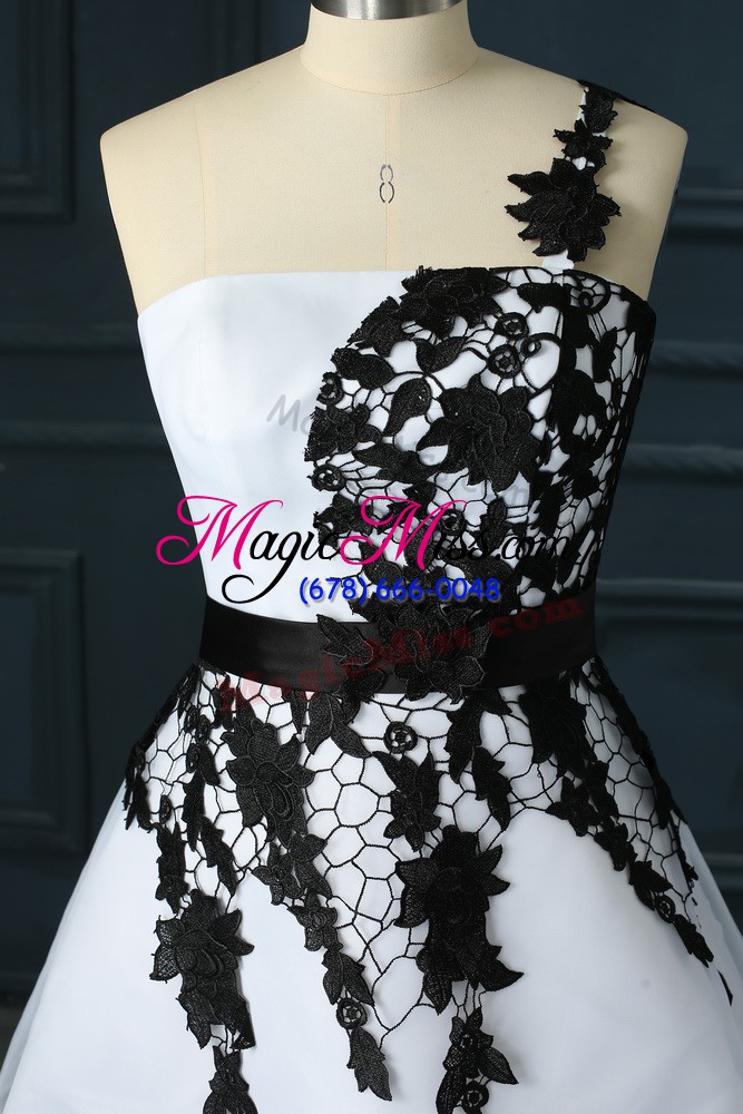 wholesale white prom gown prom and party and military ball with lace and appliques one shoulder sleeveless lace up
