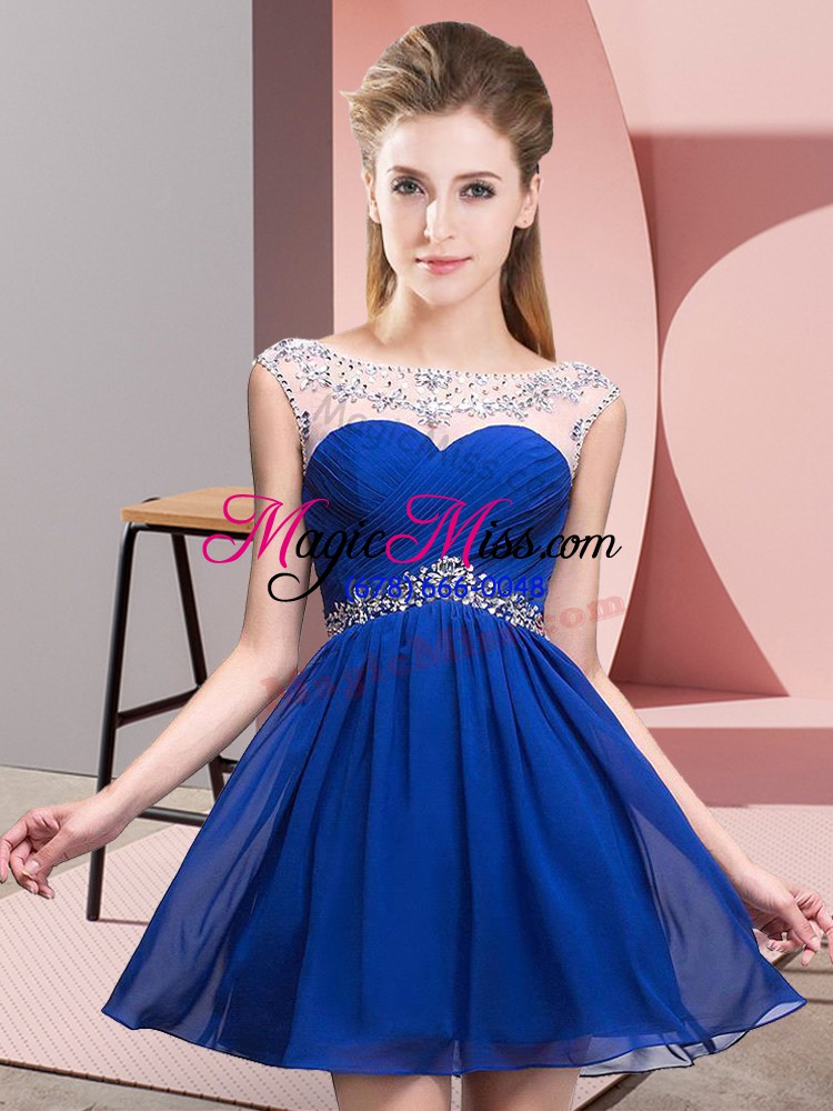 wholesale dramatic sleeveless mini length beading and ruching backless prom gown with royal blue