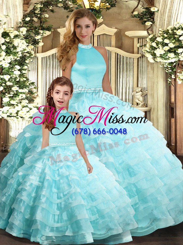 wholesale aqua blue ball gowns beading and ruffled layers 15 quinceanera dress backless organza sleeveless floor length