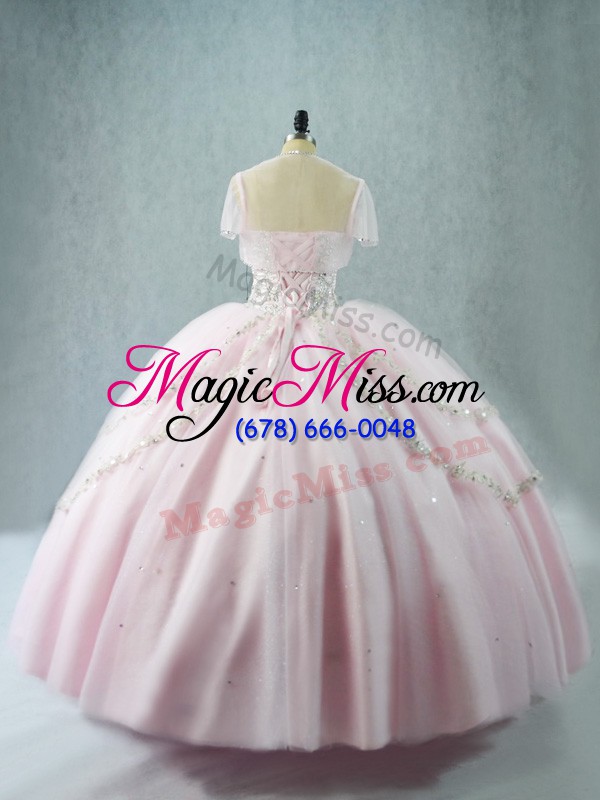 wholesale sleeveless tulle floor length lace up ball gown prom dress in pink with beading