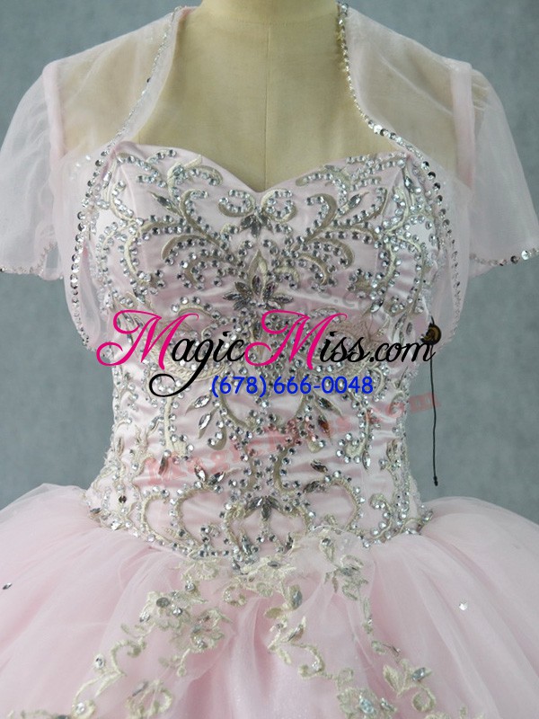wholesale sleeveless tulle floor length lace up ball gown prom dress in pink with beading