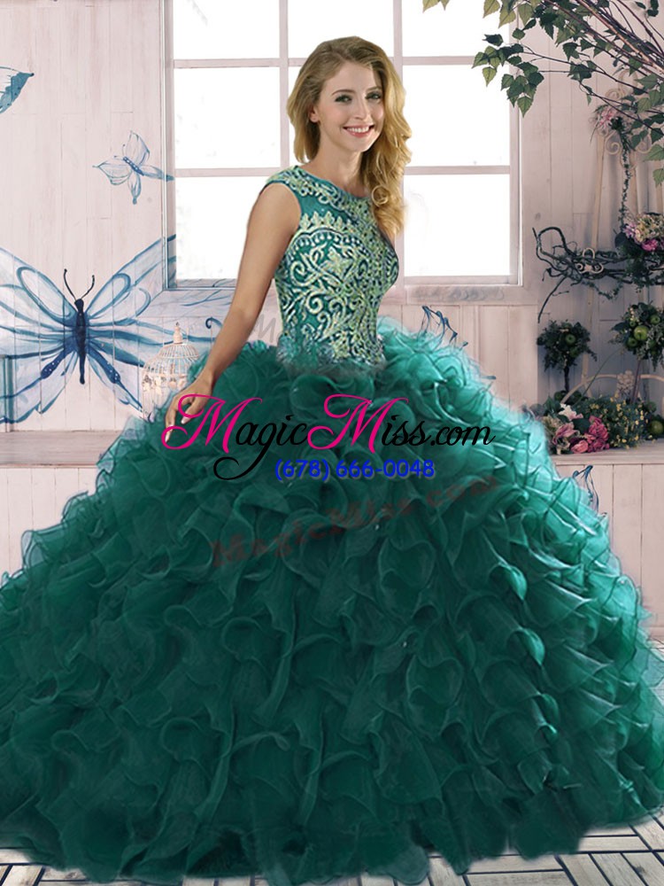 wholesale nice peacock green lace up scoop beading and ruffles 15 quinceanera dress organza sleeveless
