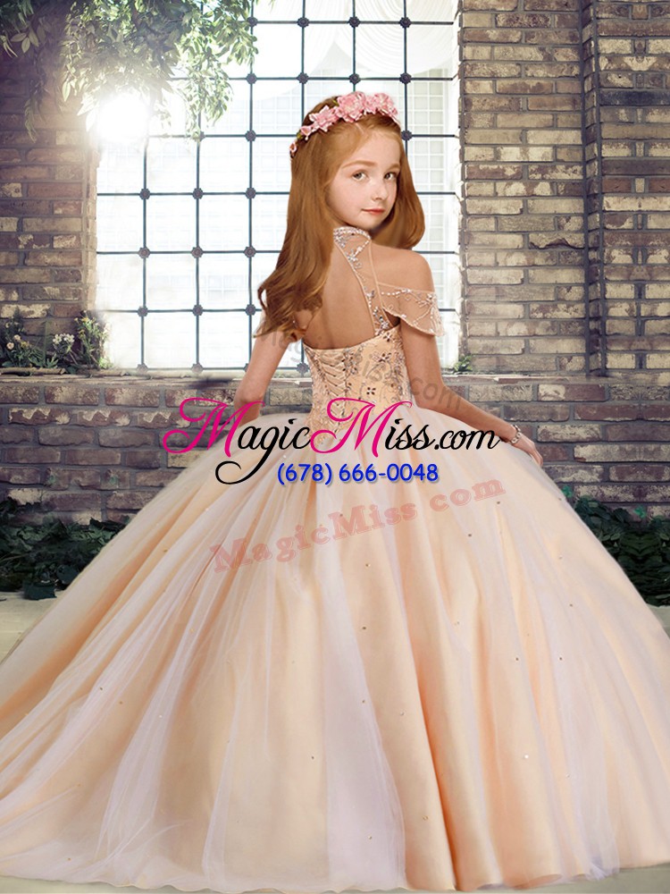 wholesale sleeveless lace up floor length beading pageant gowns for girls
