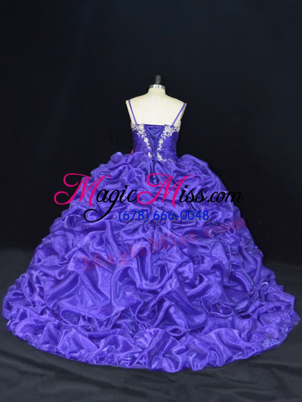 wholesale straps sleeveless organza quinceanera gowns beading and pick ups brush train lace up