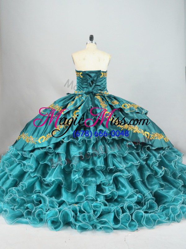 wholesale classical teal ball gowns sweetheart sleeveless satin and organza brush train lace up embroidery and ruffled layers quinceanera dress