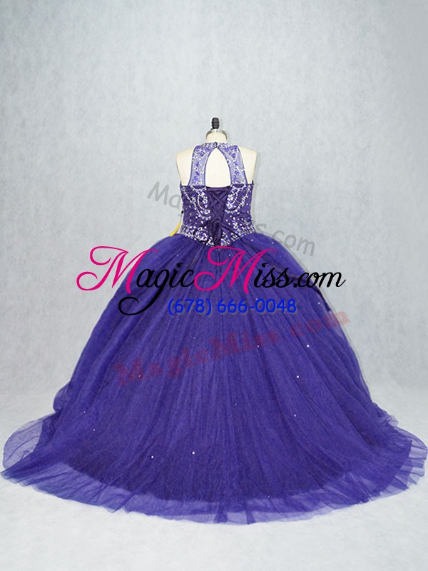 wholesale fine sleeveless tulle brush train lace up vestidos de quinceanera in purple with beading