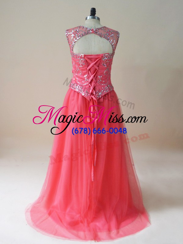wholesale empire prom evening gown coral red scoop tulle sleeveless