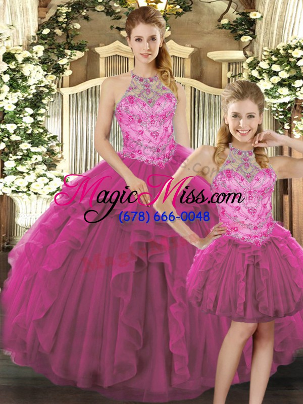 wholesale clearance halter top sleeveless lace up sweet 16 dress fuchsia tulle