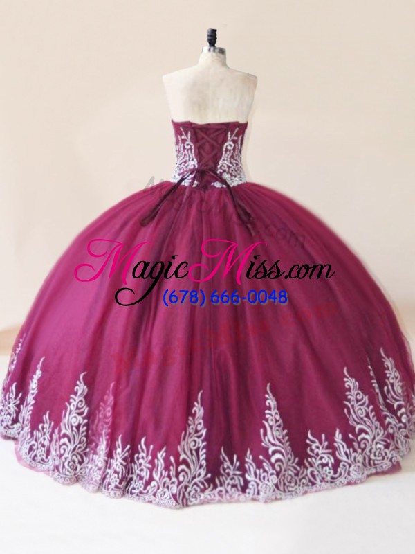wholesale spectacular burgundy ball gowns tulle sweetheart sleeveless embroidery floor length lace up sweet 16 dress