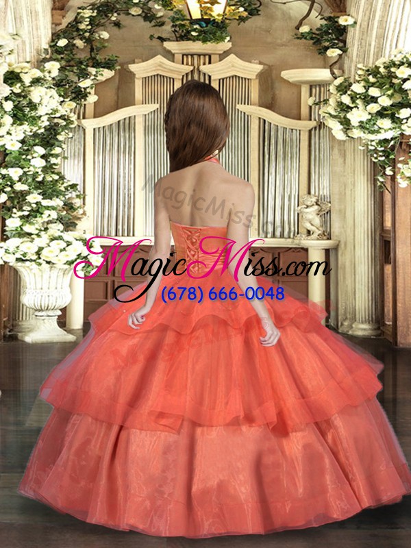 wholesale cheap coral red halter top neckline ruffled layers little girls pageant dress wholesale sleeveless lace up