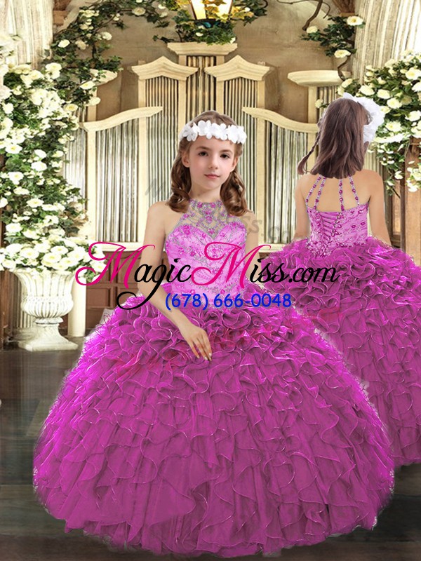 wholesale halter top sleeveless quinceanera gown floor length beading and ruffles fuchsia organza