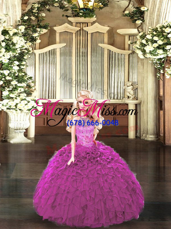 wholesale halter top sleeveless quinceanera gown floor length beading and ruffles fuchsia organza