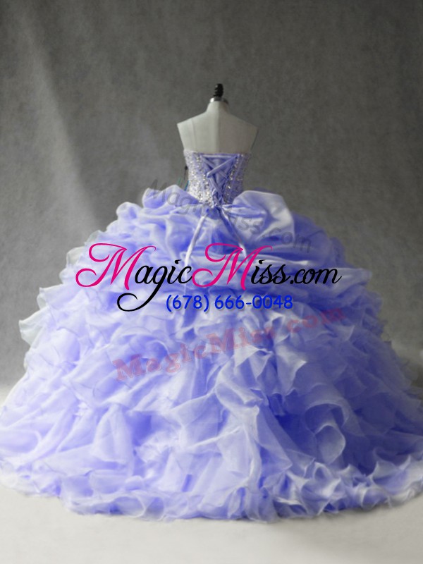wholesale hot sale lavender lace up strapless beading and ruffles and pick ups ball gown prom dress organza sleeveless brush train