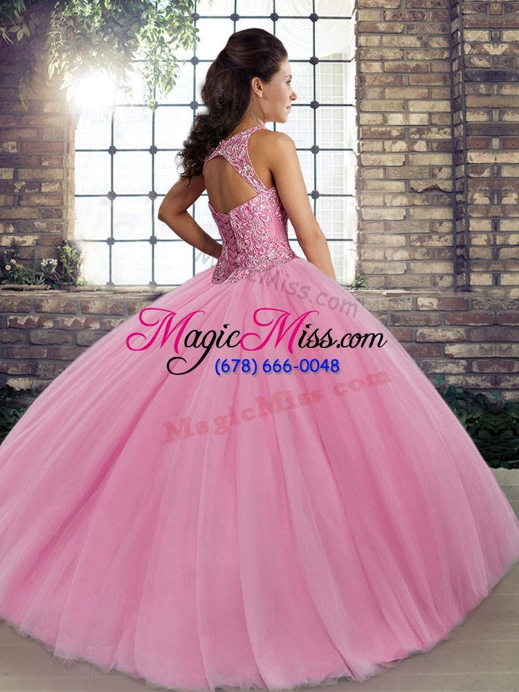 wholesale peach tulle lace up quinceanera gowns sleeveless floor length embroidery