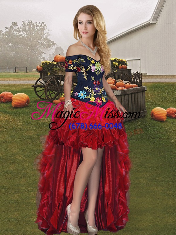 wholesale spectacular sleeveless floor length embroidery and ruffles lace up sweet 16 quinceanera dress with red and black