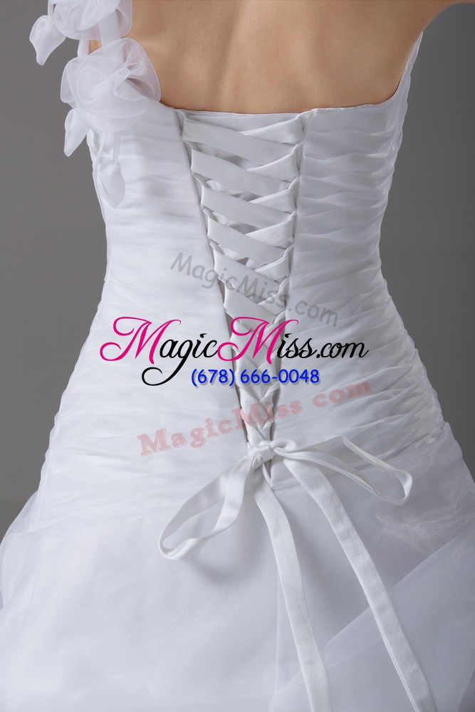 wholesale exquisite white sleeveless brush train hand made flower wedding dresses