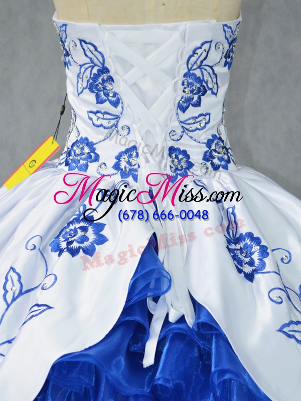 wholesale floor length lace up quinceanera dress blue and white for sweet 16 and quinceanera with embroidery and ruffled layers