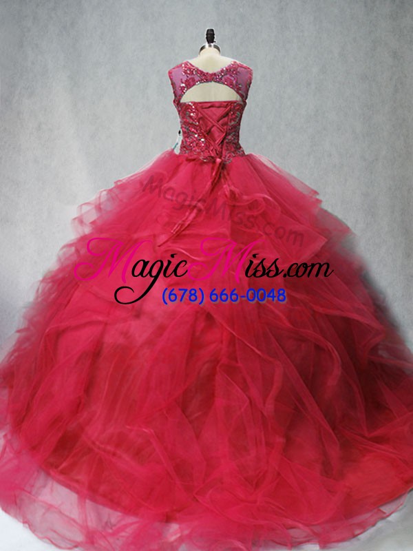wholesale glamorous coral red quinceanera dress scoop sleeveless brush train lace up