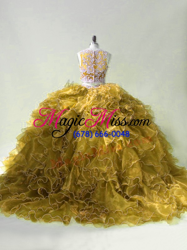 wholesale olive green two pieces scoop sleeveless organza brush train zipper beading and ruffles quince ball gowns