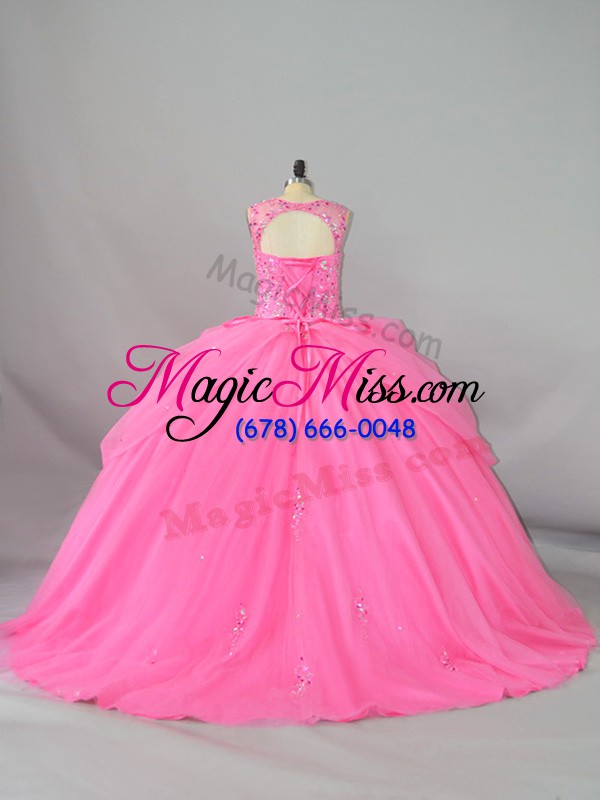 wholesale luxury rose pink ball gown prom dress sweet 16 and quinceanera with beading and appliques scoop sleeveless brush train lace up