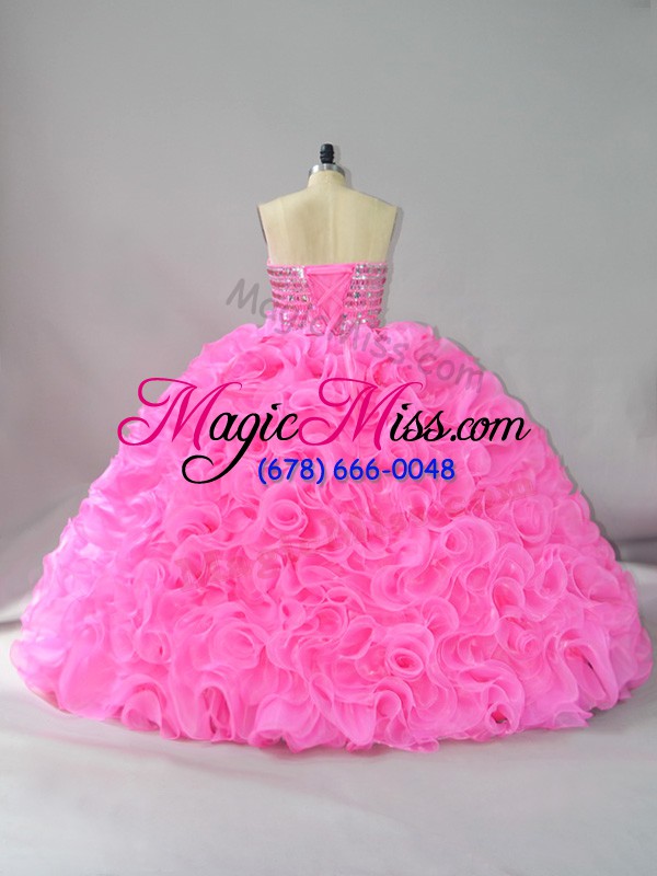 wholesale shining hot pink fabric with rolling flowers lace up quinceanera dresses sleeveless floor length beading and ruffles