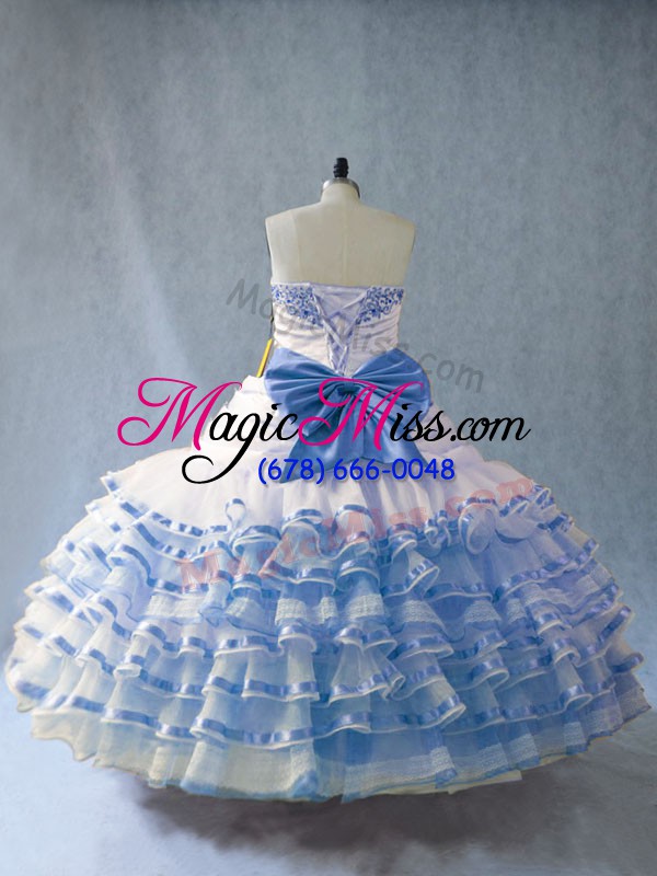 wholesale smart blue and white sleeveless floor length embroidery and ruffled layers lace up quince ball gowns