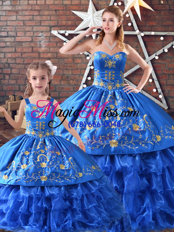 wholesale custom made embroidery 15th birthday dress blue lace up sleeveless