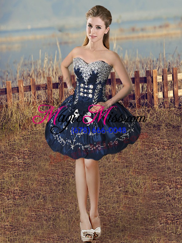 wholesale clearance embroidery and ruffles ball gown prom dress navy blue lace up sleeveless floor length