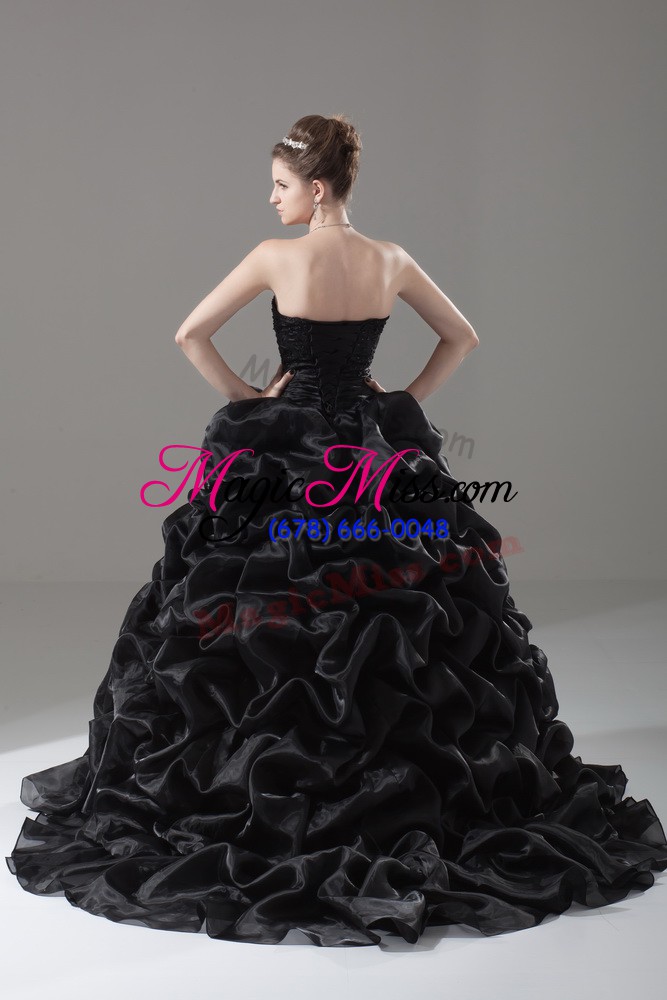 wholesale sweet black 15 quinceanera dress organza brush train sleeveless embroidery and pick ups