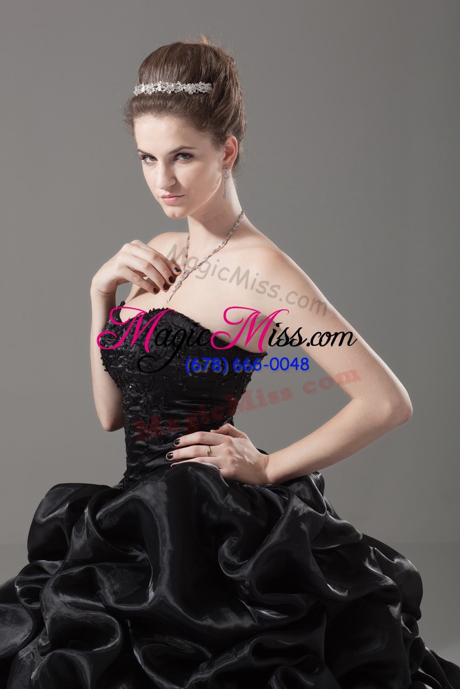 wholesale sweet black 15 quinceanera dress organza brush train sleeveless embroidery and pick ups
