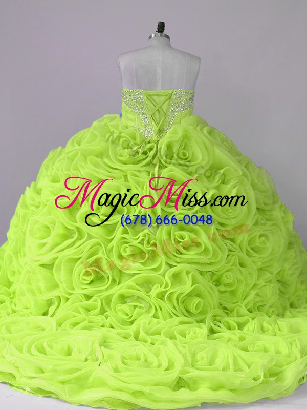 wholesale fantastic yellow green ball gowns beading quinceanera gown lace up fabric with rolling flowers sleeveless