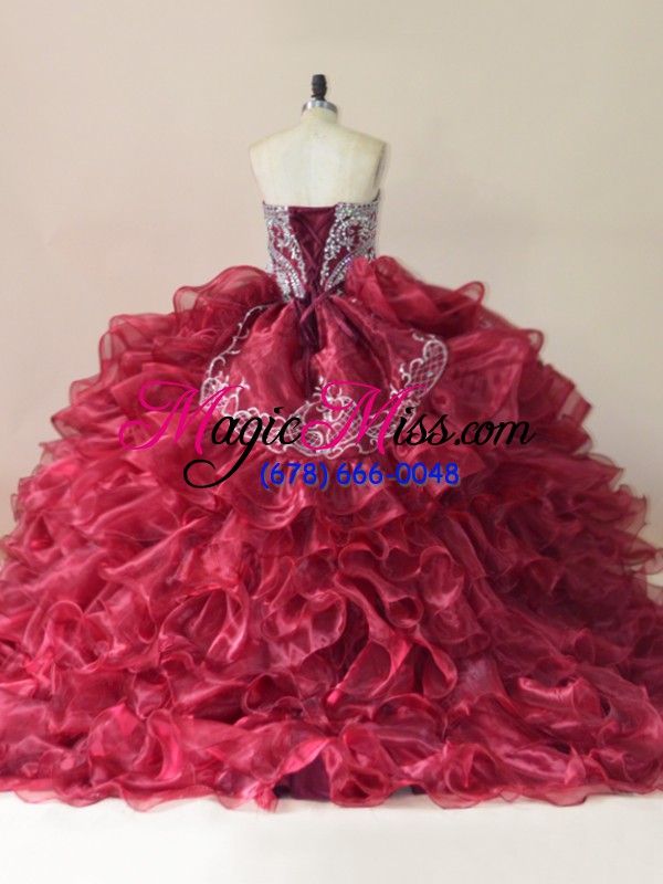 wholesale brush train ball gowns sweet 16 dresses wine red sweetheart organza sleeveless lace up
