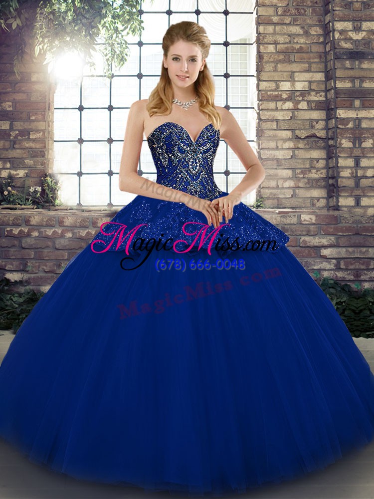 wholesale sleeveless tulle floor length lace up sweet 16 dresses in royal blue with beading and appliques