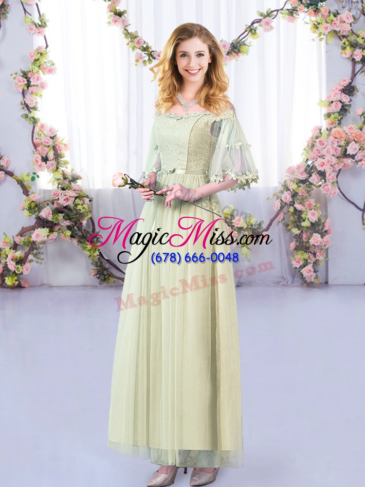 wholesale superior yellow green side zipper quinceanera dama dress lace and belt half sleeves floor length