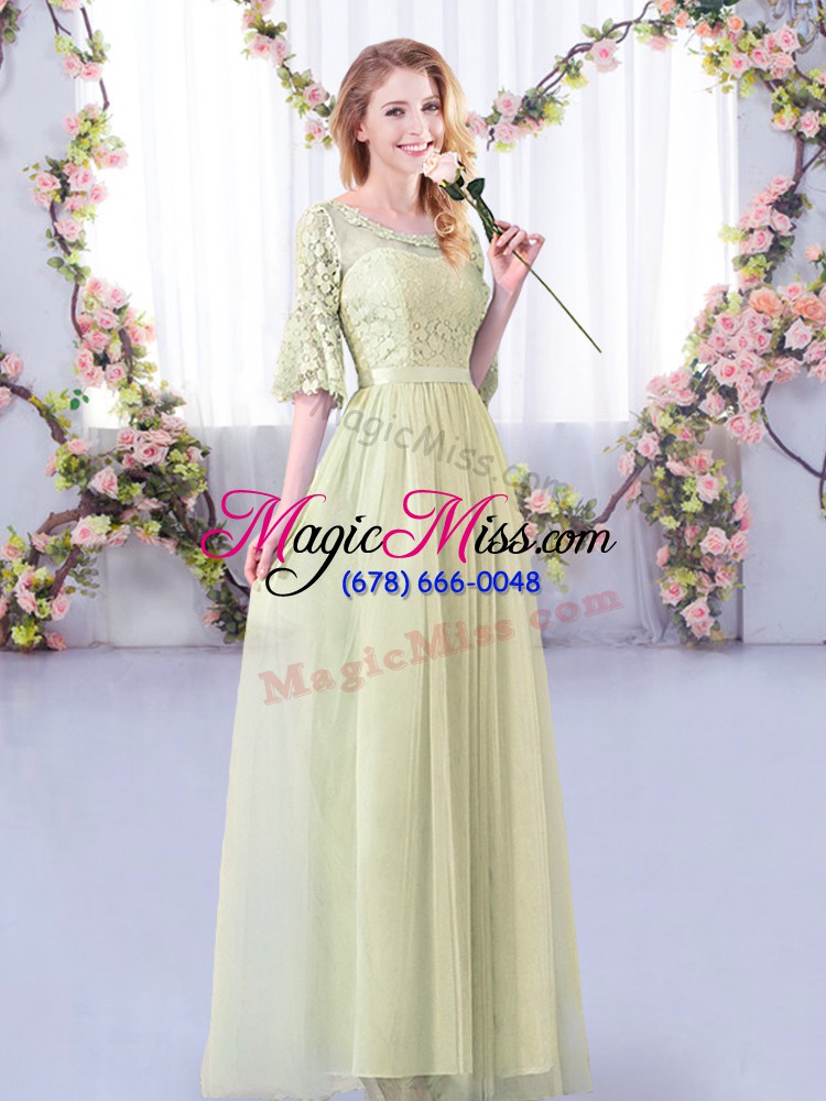 wholesale superior yellow green side zipper quinceanera dama dress lace and belt half sleeves floor length