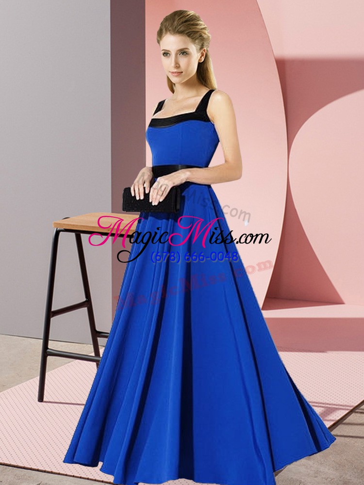 wholesale royal blue chiffon zipper square sleeveless floor length bridesmaid gown belt