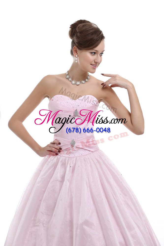 wholesale low price pink organza lace up quince ball gowns sleeveless floor length beading