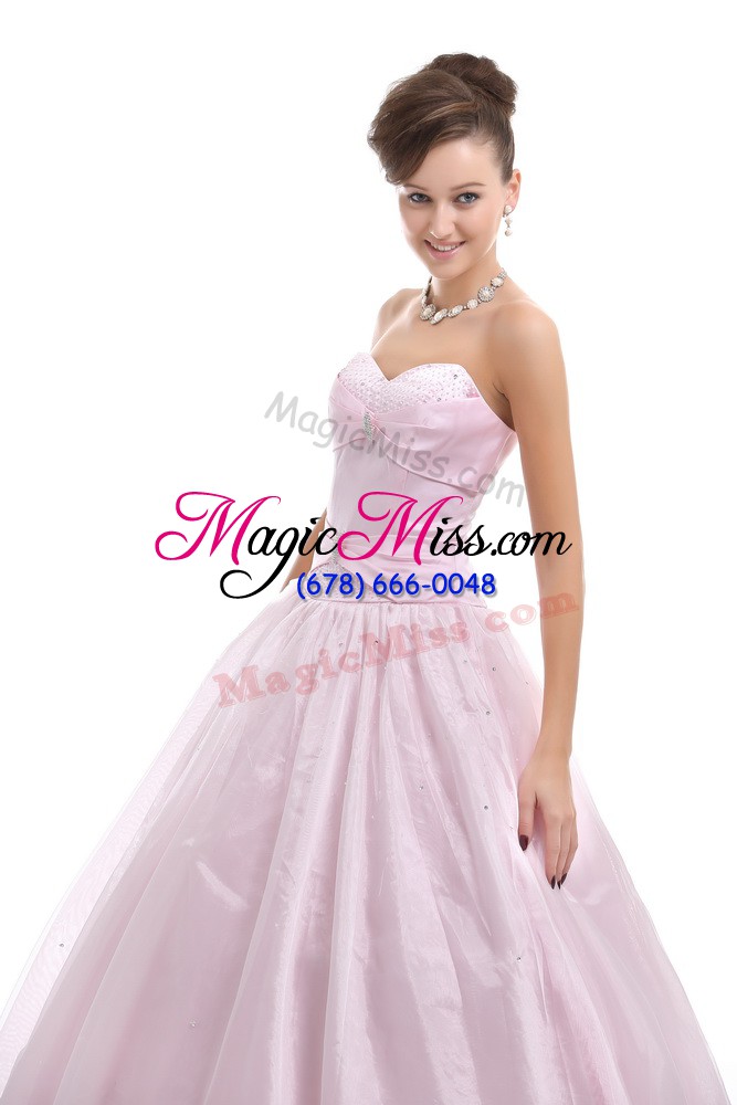 wholesale low price pink organza lace up quince ball gowns sleeveless floor length beading