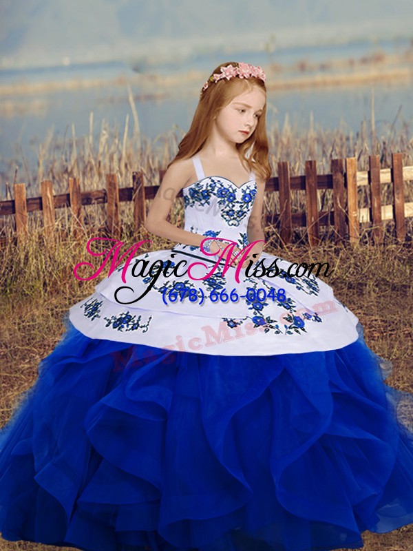 wholesale royal blue straps neckline embroidery and ruffles little girl pageant gowns sleeveless backless