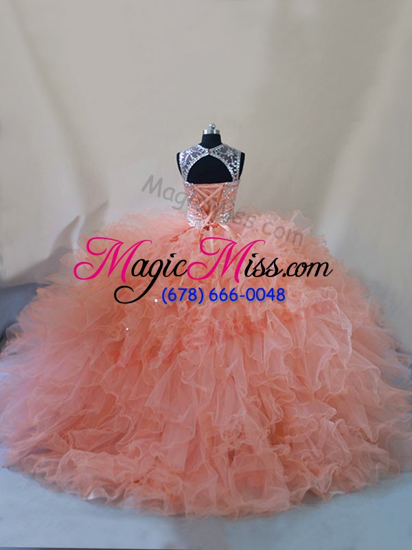 wholesale eye-catching sleeveless beading and ruffles lace up ball gown prom dress with peach court train