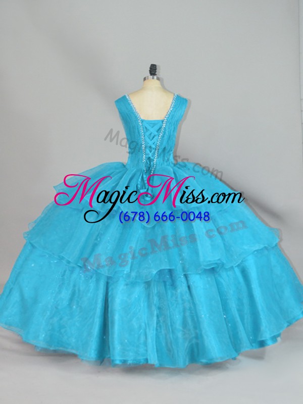 wholesale aqua blue straps neckline beading and ruffled layers quinceanera dress sleeveless lace up