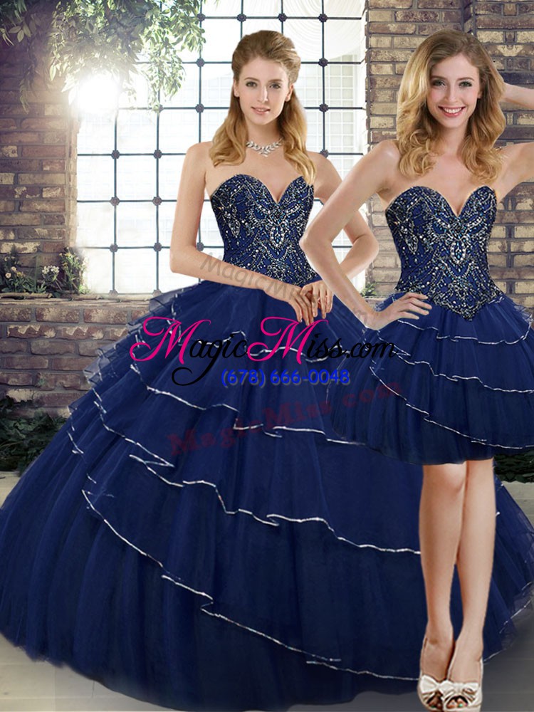 wholesale delicate tulle sweetheart sleeveless brush train lace up beading and ruffled layers sweet 16 dress in navy blue
